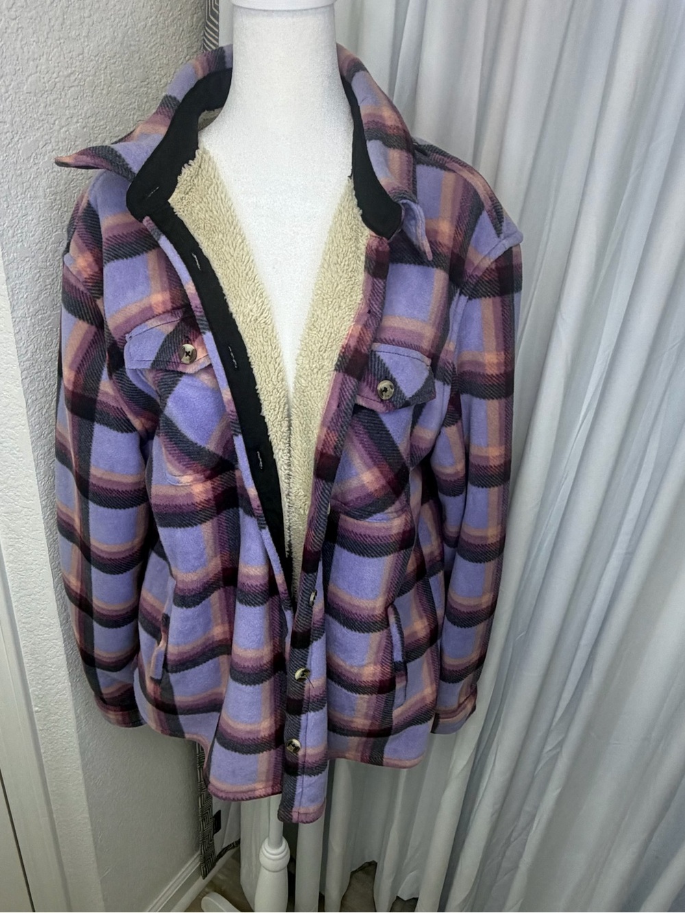Sage Collective Purple Plaid Sherpa Lined Fleece Shacket Jacket - Women's L - Picture 5 of 8